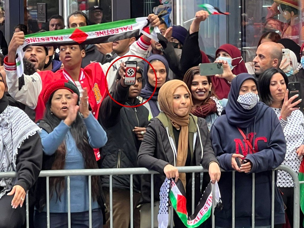 A rally attendee shows a swastika on their phone.